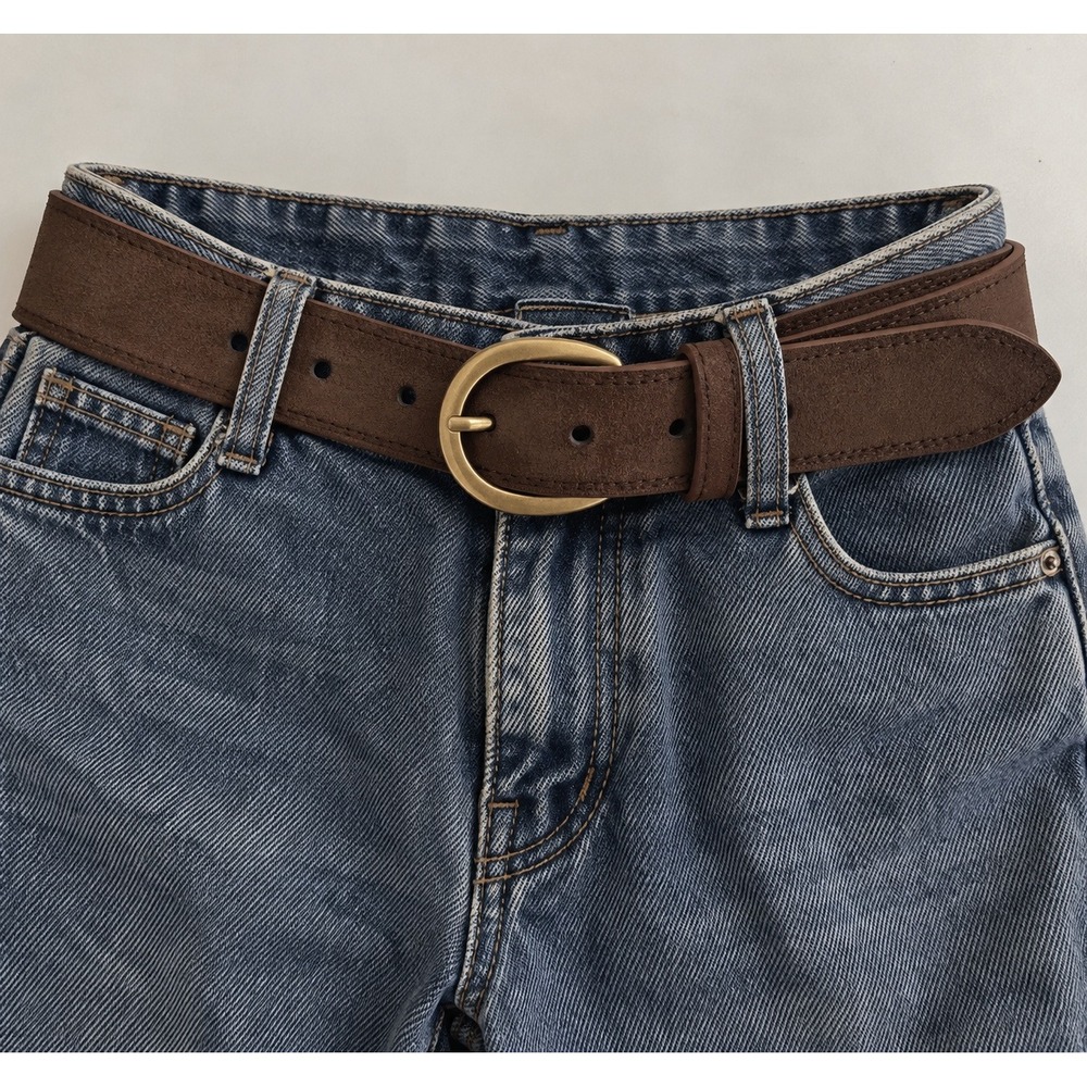 Brown faux  Suede Belt with Gold Tone Oval Buckle 44" Classic Minimalist